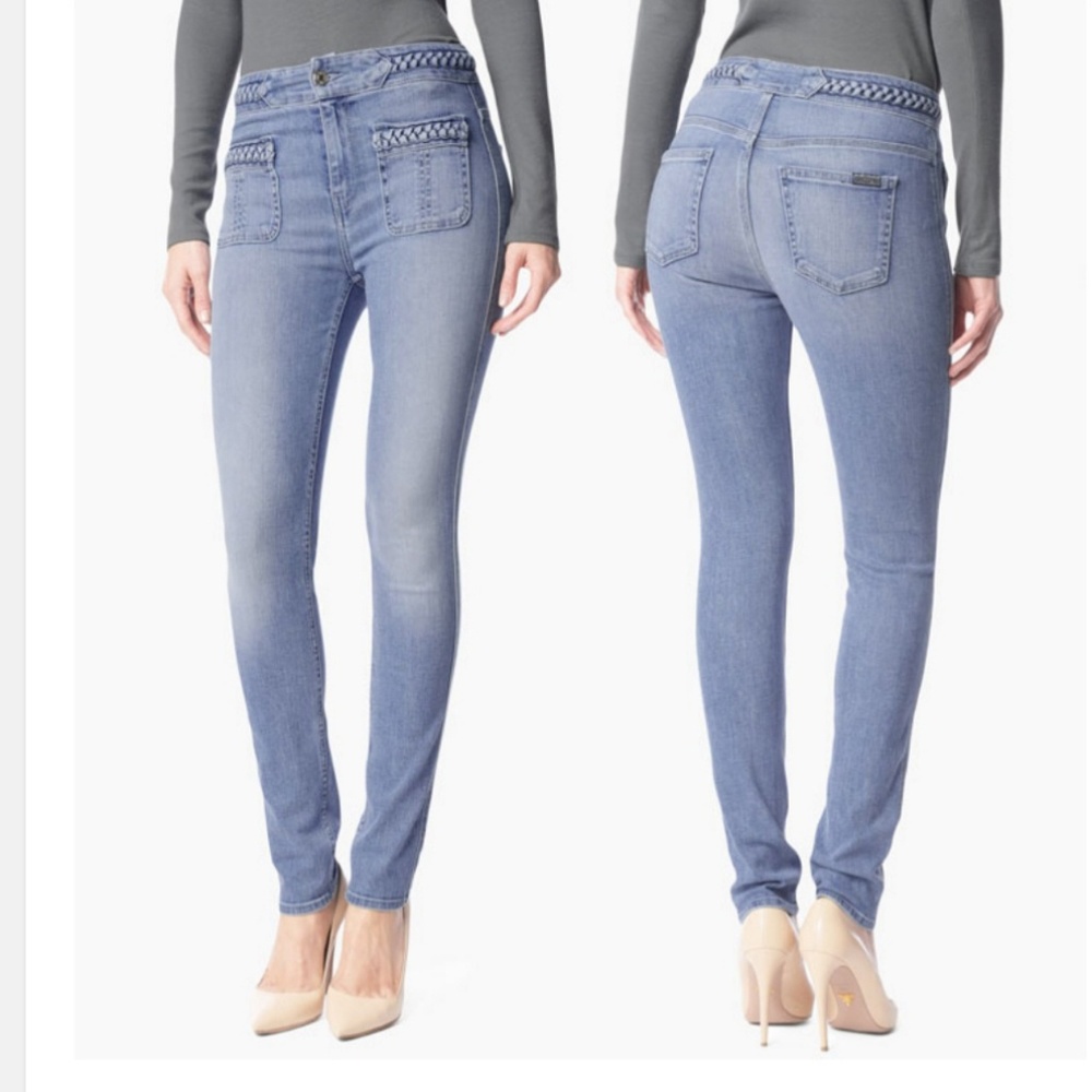 Braided skinny jeans in light blue hue